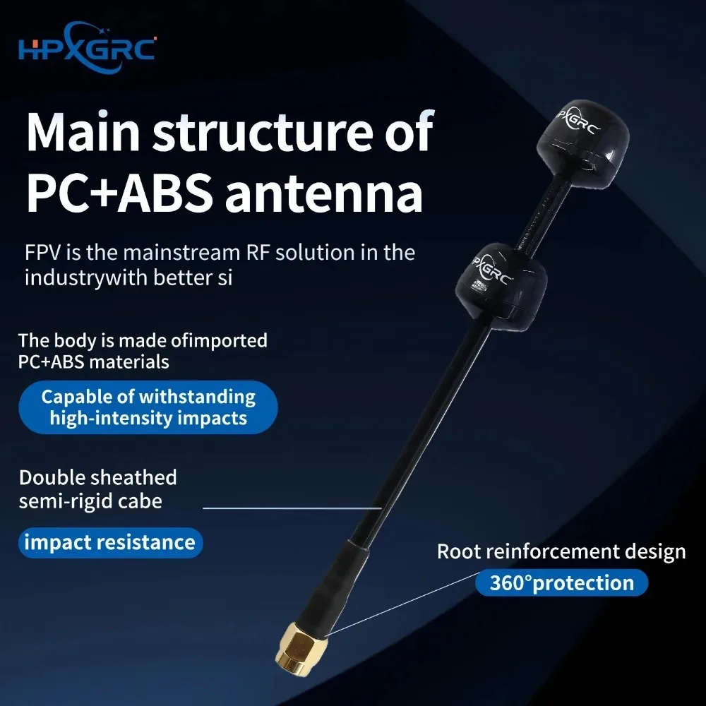 Antenne FPV RHCP avec câble coaxial et embout doré, idéale pour transmission vidéo