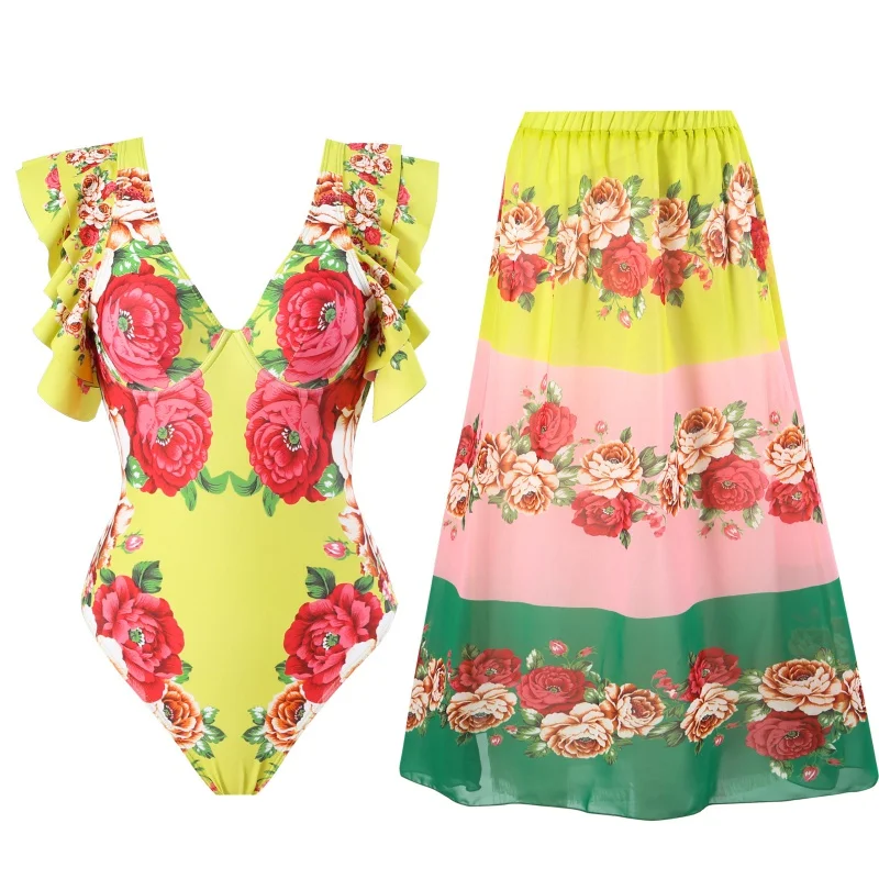 2024New Hot Spring Sexy One-Piece Swimsuit Women's Conservative Warm Printed Swimsuit Wrap Skirt Suit