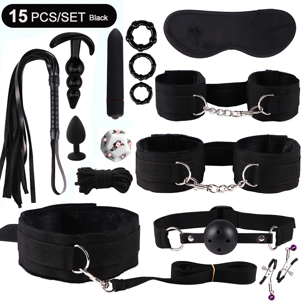 Kit Bondage com Restrições Eróticas, Chicote e Plug Anal Vibratório - Conjunto de Brinquedos Sensuais - 20%OFF