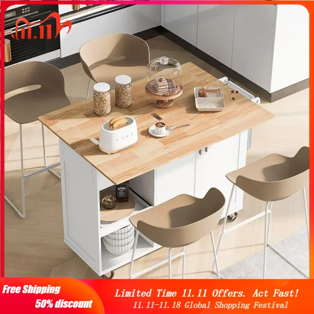 Rolling Kitchen Island on Wheels with Storage Cabinet and Drawers, Kitchen Cart with Slide-Out Leaf, Island Table