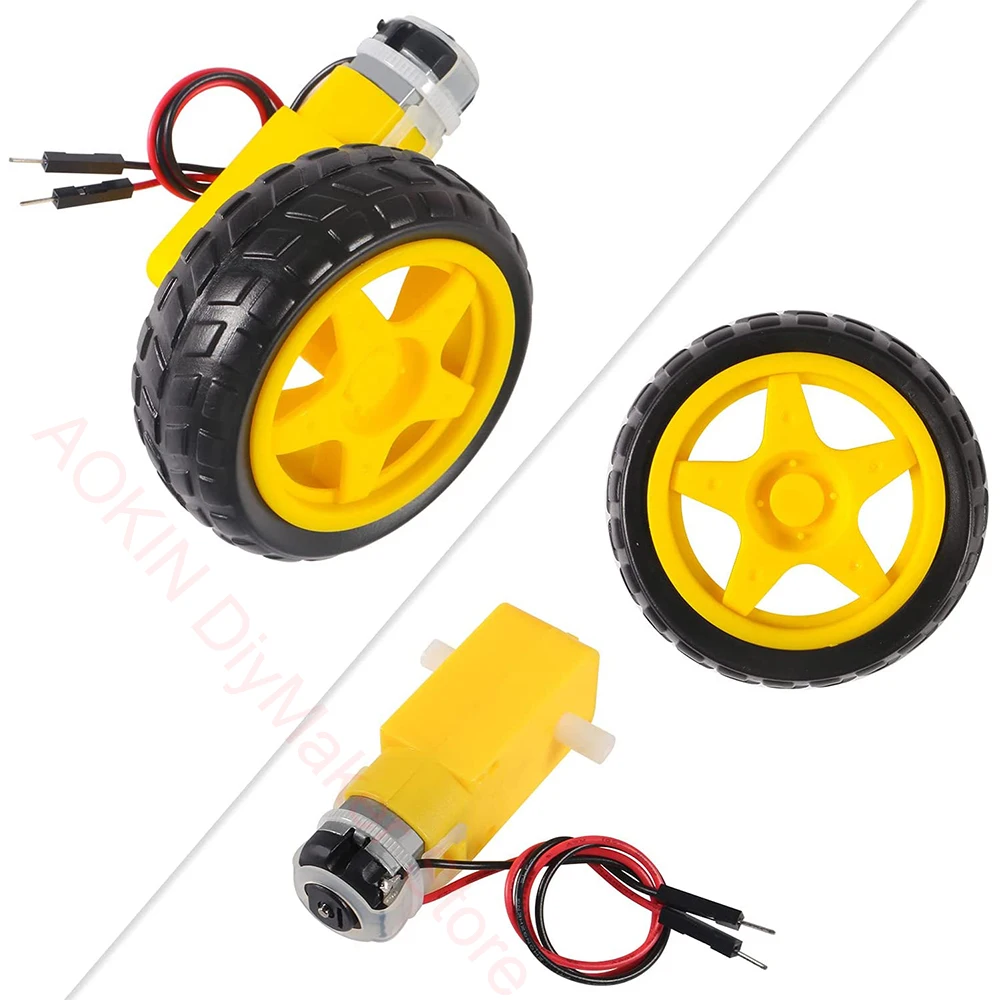 4 pcs DC Electric TT Gear Motor Wheel Kit 3-6V Dual Shaft Geared TT Magnetic Gearbox Engine with 69mm Plastic Car Tire Wheel