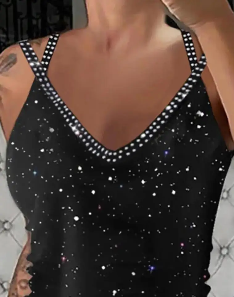 Fashion Women's Tank Top Camisole Glitter Rhinestone V-Neck Cami Tops Cross  Strap Vest for Female Night Club Wear Summer Clothes