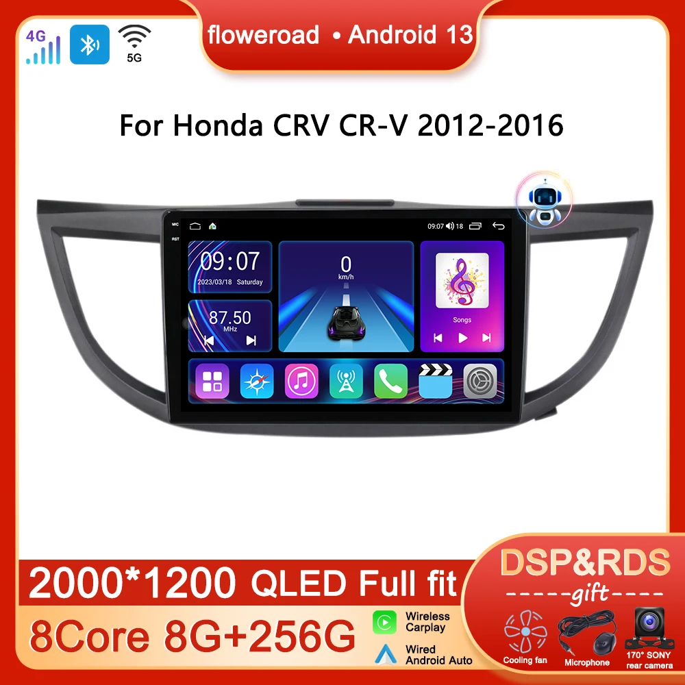 Autoradio Lettore Multimediale Per Honda Crv Cr-V 2012-2016 Android Auto 2Din Dvd Navigazione Gps Apple Carplay Schermo Video Bt Wifi