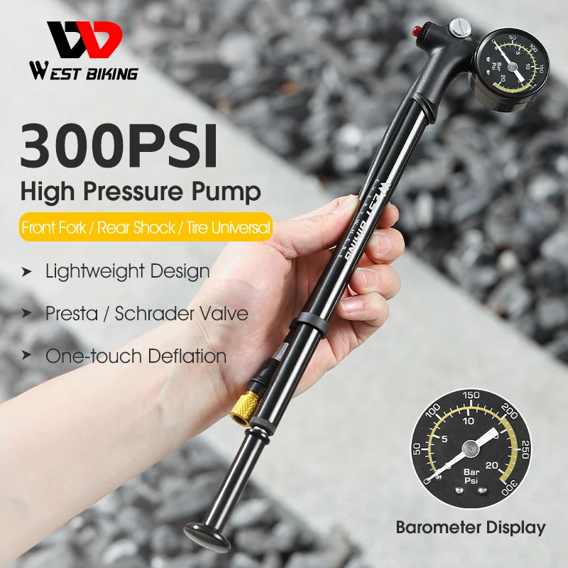 WEST BIKING 300 PSI High Pressure MTB Fork Pump With Gauge Portable Bicycle Pump Extension Hose Manual Air Pump Cycling Accesory