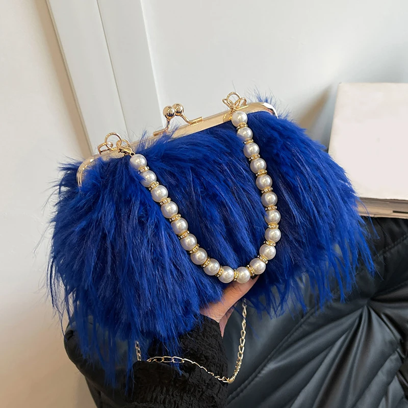 Beading Chain Women's Evening Plush Handbags Faux Fur Tassel Ladies Shoulder Bag Elegant Female Crossbody Bags Party Furry Purse