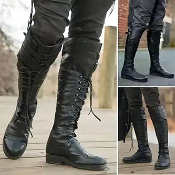 Vintage Medieval Steampunk Cosplay Black Boots Men Winter Viking Pirate Pu Leather Shoes Carnival Party Fancy Knight Boots