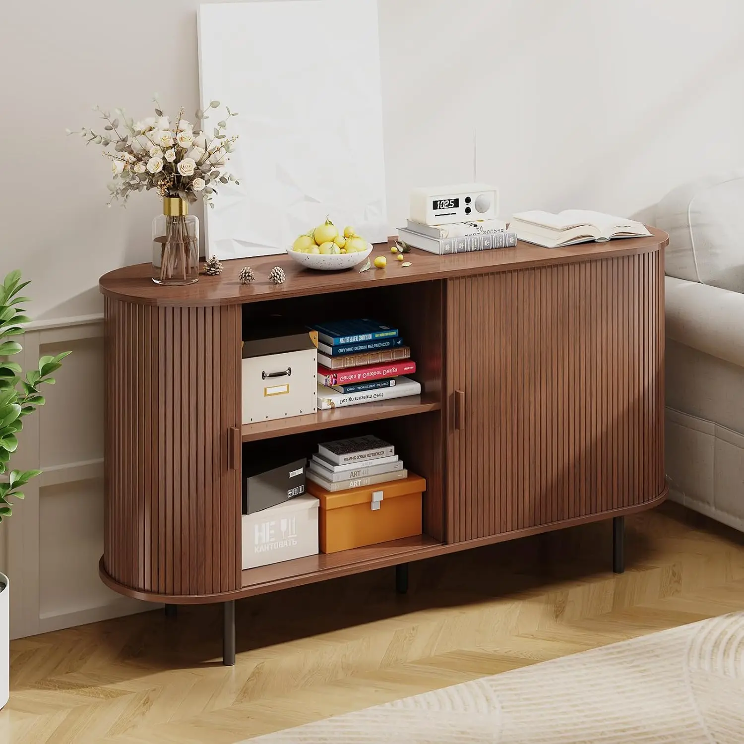 Buffet Sideboard Cabinet with Storage, 55" Fluted Cabinet with Sliding Door & Adjustable Shelf, Modern Accent Coffee Bar Console