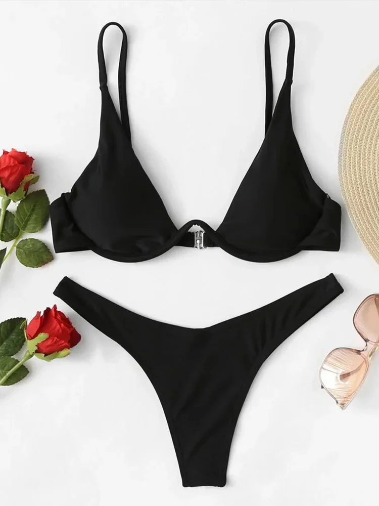 2026 Summer New Two Piece Women's Solid Color Sexy Bareback Bikini Split Swimsuit Bikini Set High Waist Beach Vacation