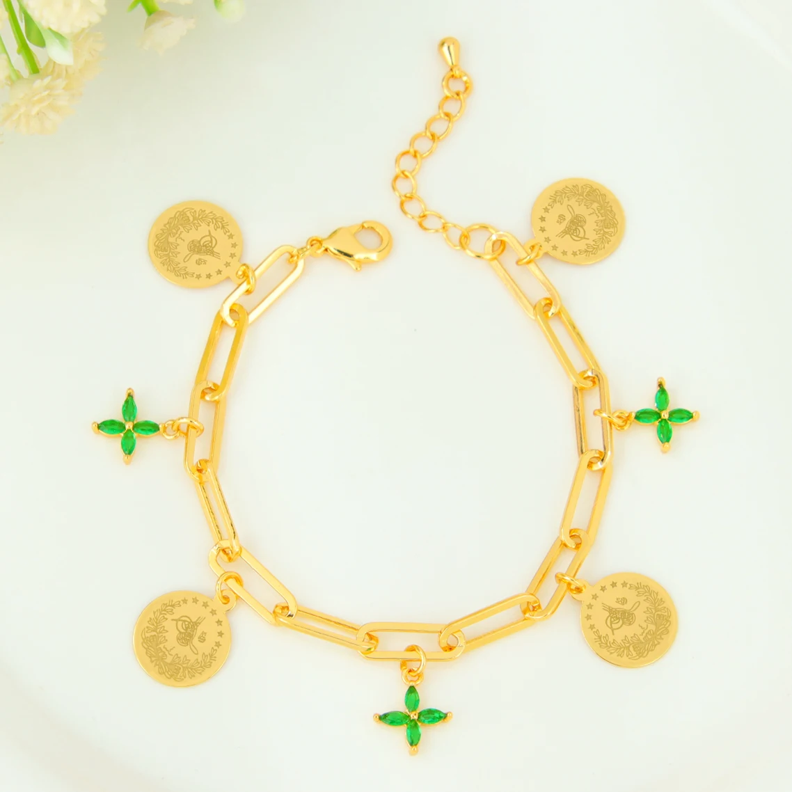 Arabisches Mode-Münzarmband 21k Vergoldet Italienische Zirkonia Charm-Armbänder Nigeria Damen Braut Hochzeit Party Schmuck – Detail 14