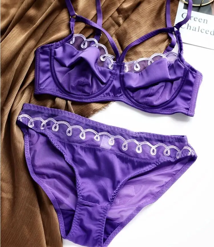 Sexy underwear women bras satin mesh splicing ultra-thin lingerie set double-breasted top support transparent bra
