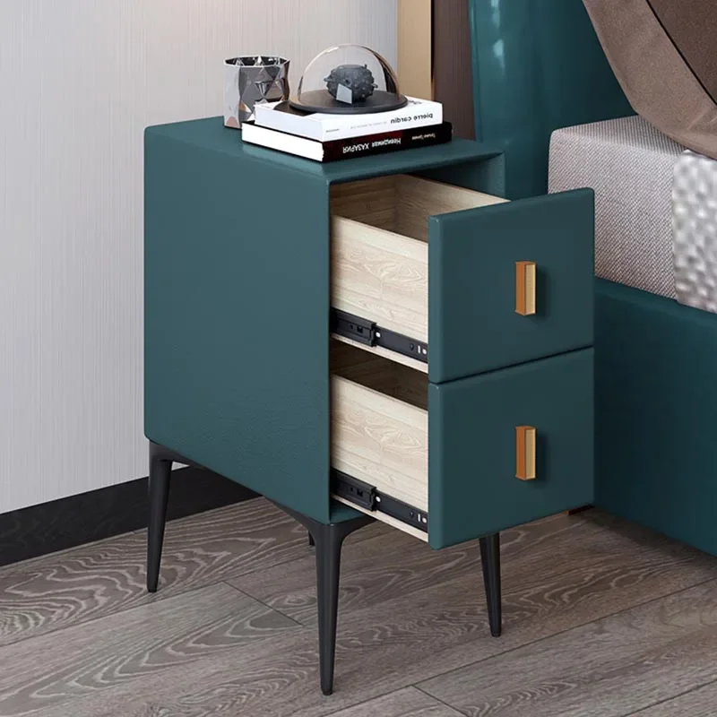 Nordic Ultra-Narrow Leather Bedside Table-Modern Minimalist Solid Wood Side Cabinet, Light Luxury Bedroom Storage