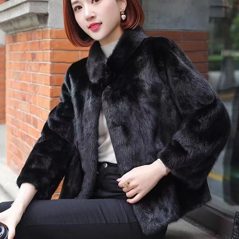 WomensNewImitationMinkFurCoatSlimStandCollarShortBlackFur