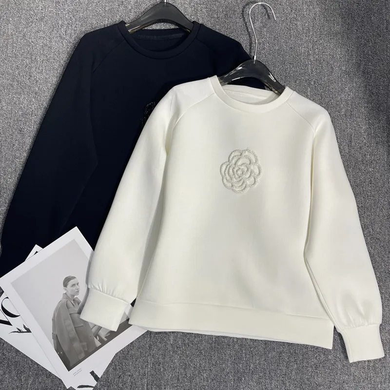 

Chic Crochet 3D Flowers Women's Sweatshirt Spring Autumn Solid O Neck Pullover Long Sleeve Hoodies Runway Korean Loose Soft H171