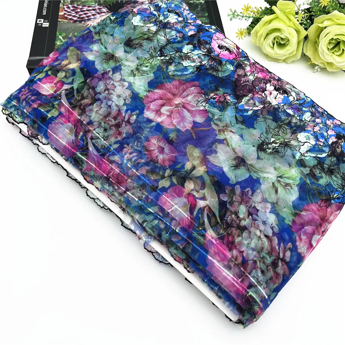 Width 8 1/4Inch 21cm Printed Floral Blue Embroidery Lace Trim Skirt Hem Underwear Sewing Material Craft DIY Apparel Fabric Lace 1