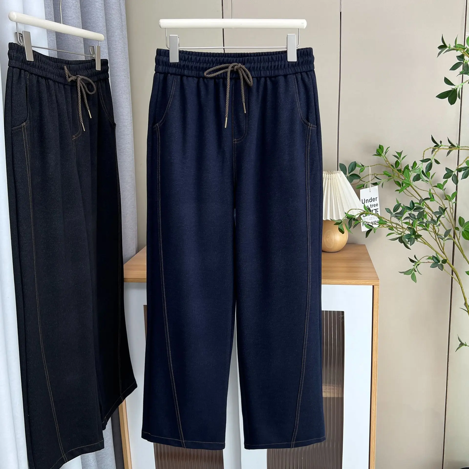 Plus Size Women's Straight Leg Pants Autumn New Style lace-up Hight Waisted Jeans Casual Trousers 386