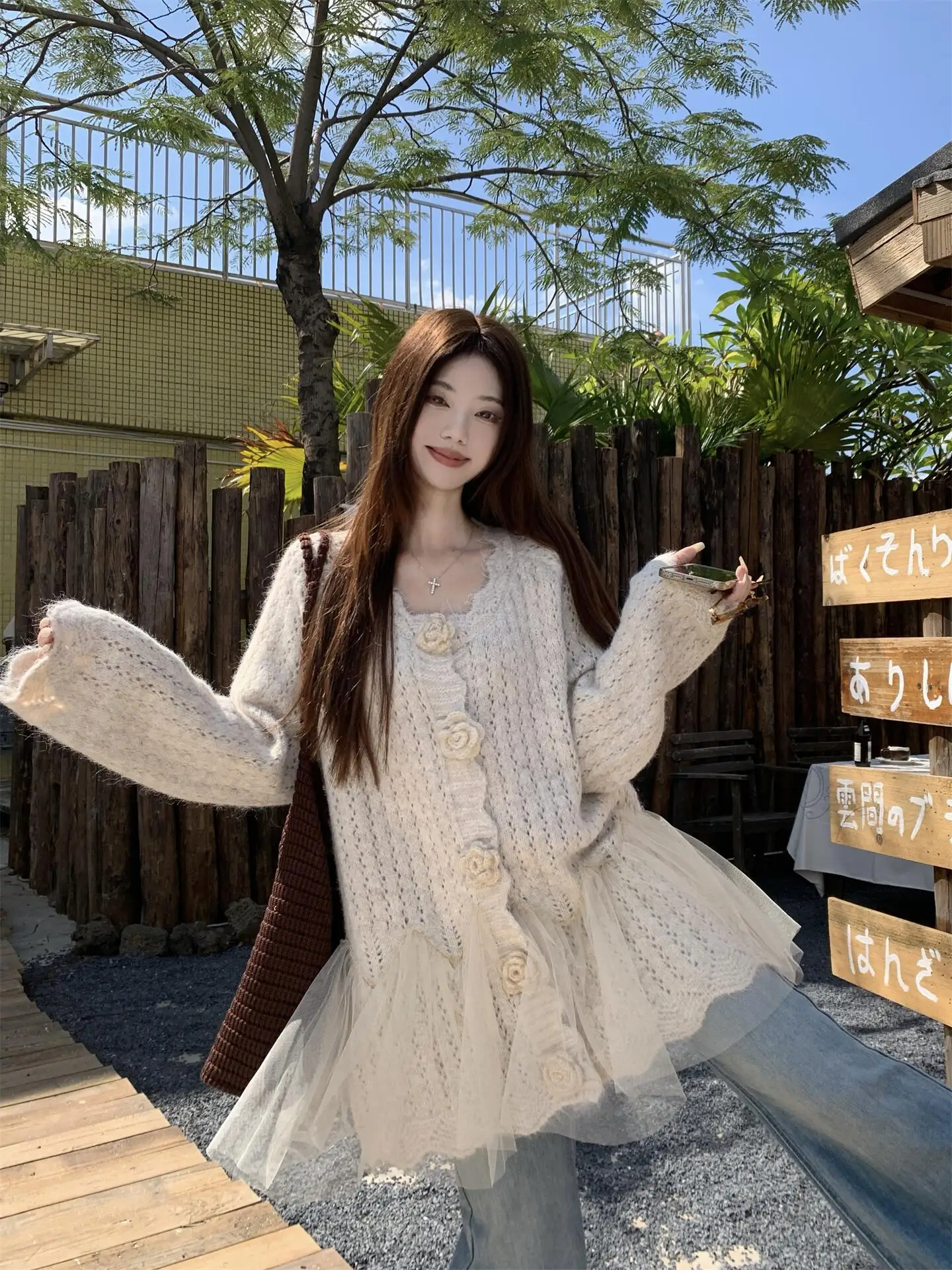 3D Floral Mesh Splicing Knitted Sweater Coat Women's Spring New Mid-Length Casual Top V-neck Long Sleeve Button Closure