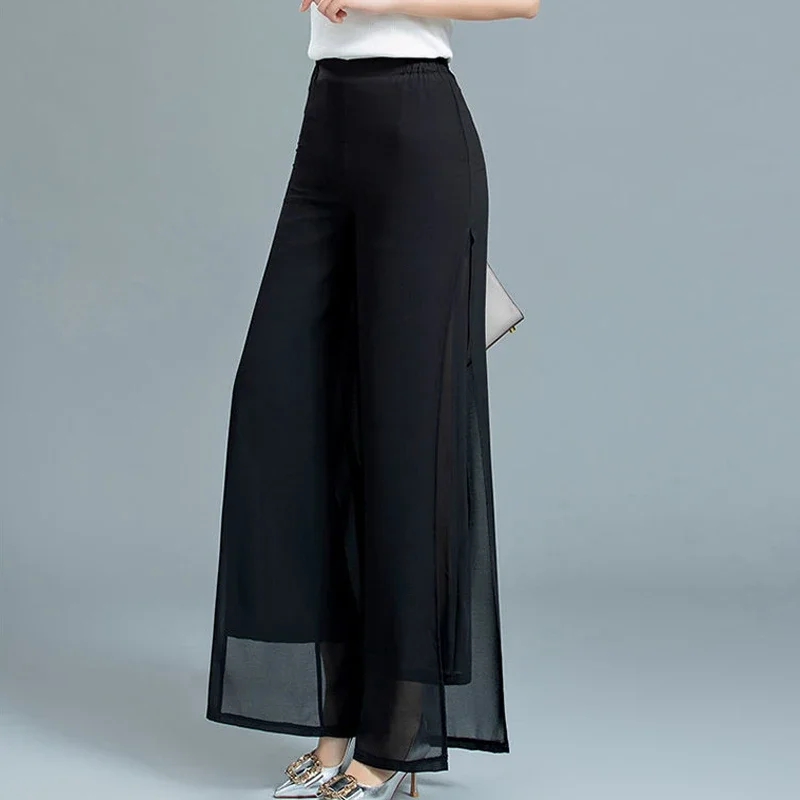 Elegant Split Chiffon Pants Women High Waist Trousers Loose Straight Casual Pants Slit Wide Leg Pants Female Fashion Streetwear
