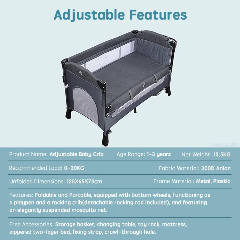 PANGDUBE High-end Cribs for Baby Bed Multifunctional Baby Crib Adaptable Bed with Mosquito Net Changing Table Baby Rocking Bed
