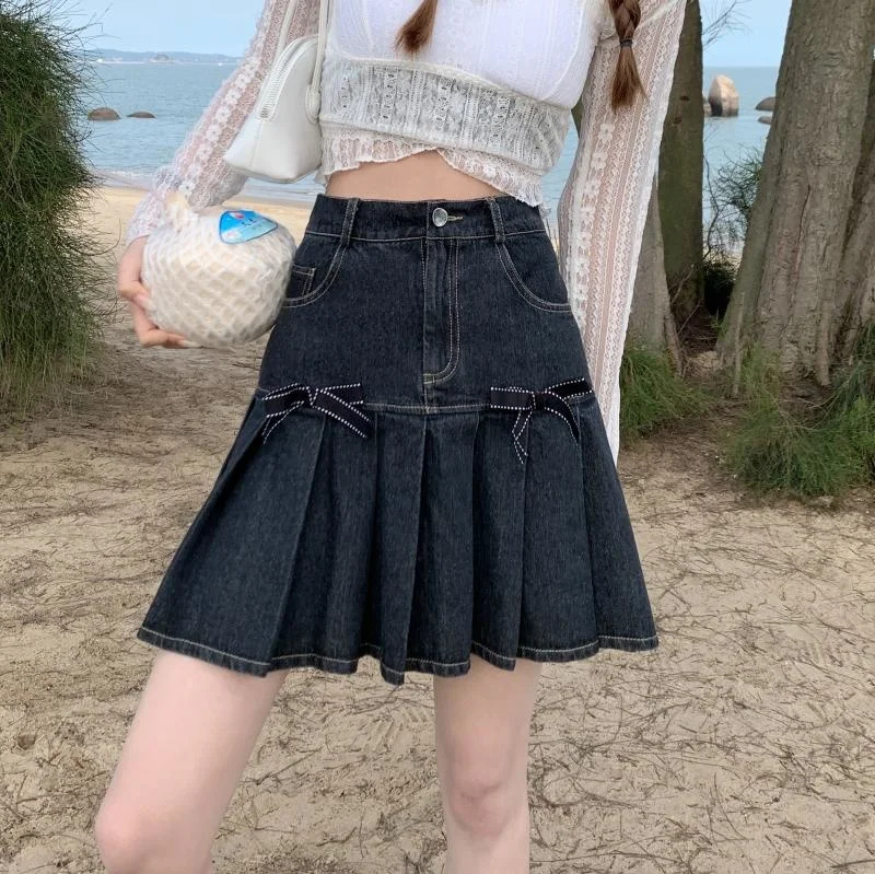 pleated skirt Jeans Bow Pleated High Waist New Vintage Casual Sweet Ruched Denim Korean Students Female A-line Mini Summer Women Skirts white pleated skirt
