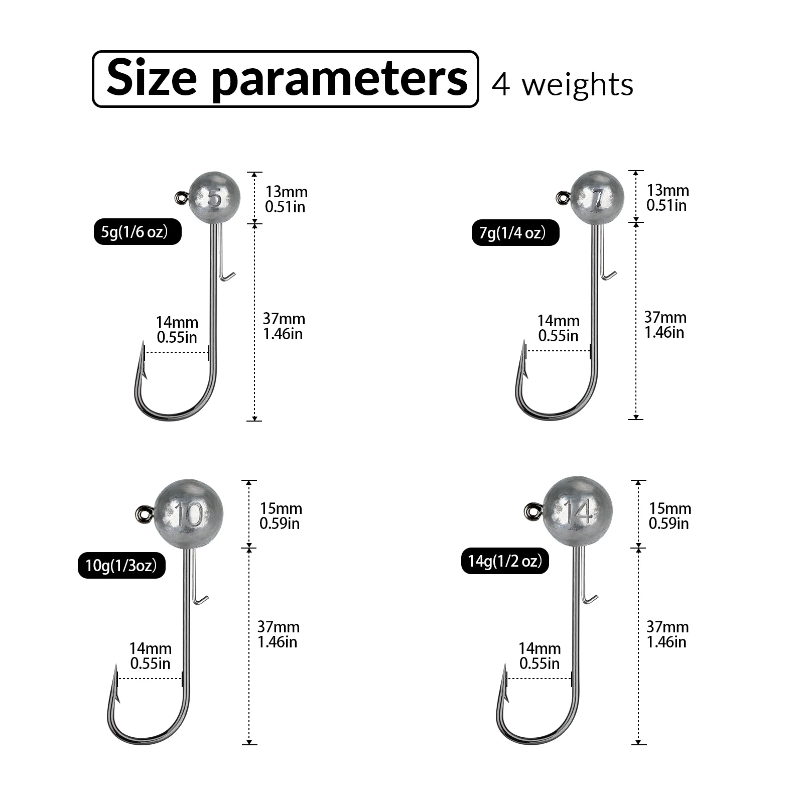 5 hameçons plombés tête ronde 14g anti-herbe pour leurres souples 5g 7g 10g - kit pêche aux leurres