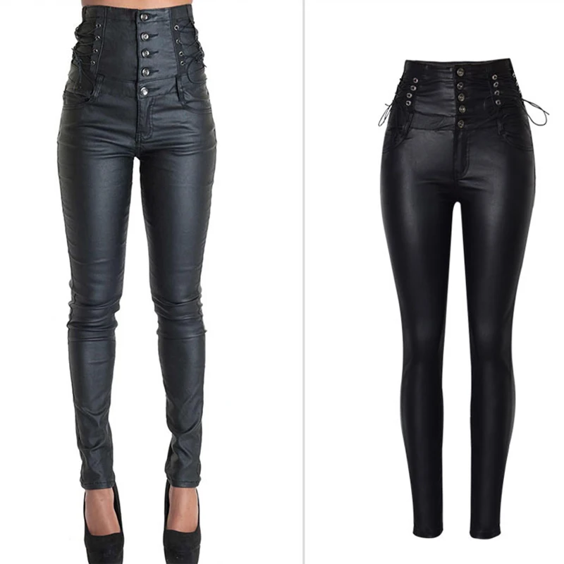 

Black PU Leather Trousers Women 2023 Spring Fashion Bandage High Waist Stretch Skinny Pants Woman Sexy Push Up Slim Pencil Pants