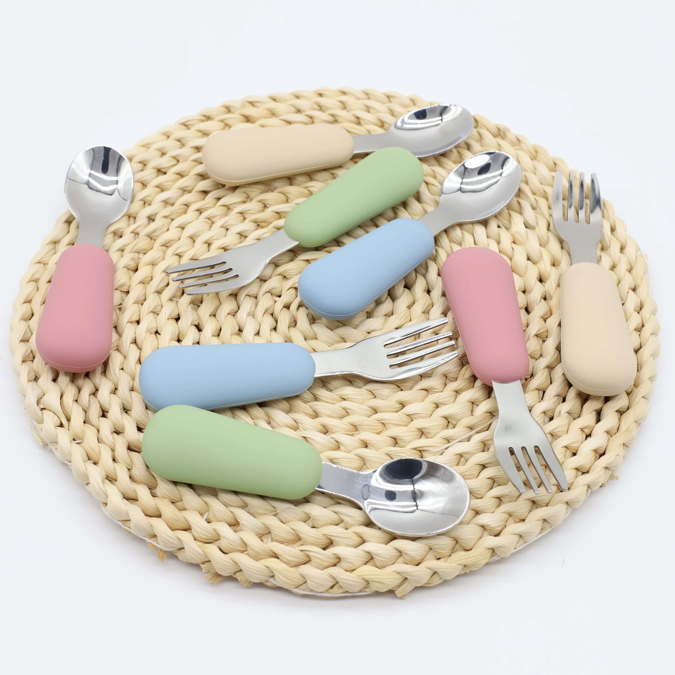 Silicone stainless steel spoon fork food grade 304 stainless steel easy to grip silicone handle baby food feeding spoon fork 2