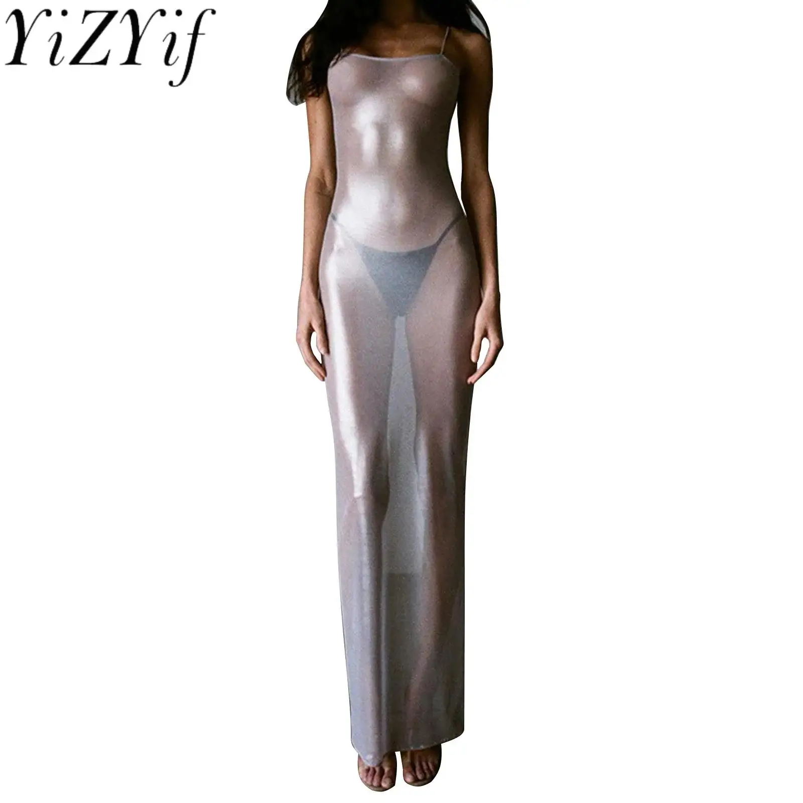 

Solid See Through Maxi Dress Women Sexy Cleavage Spaghetti Strap Body-shaping Vestido Female Stunning Hipster Dresses Attirewear