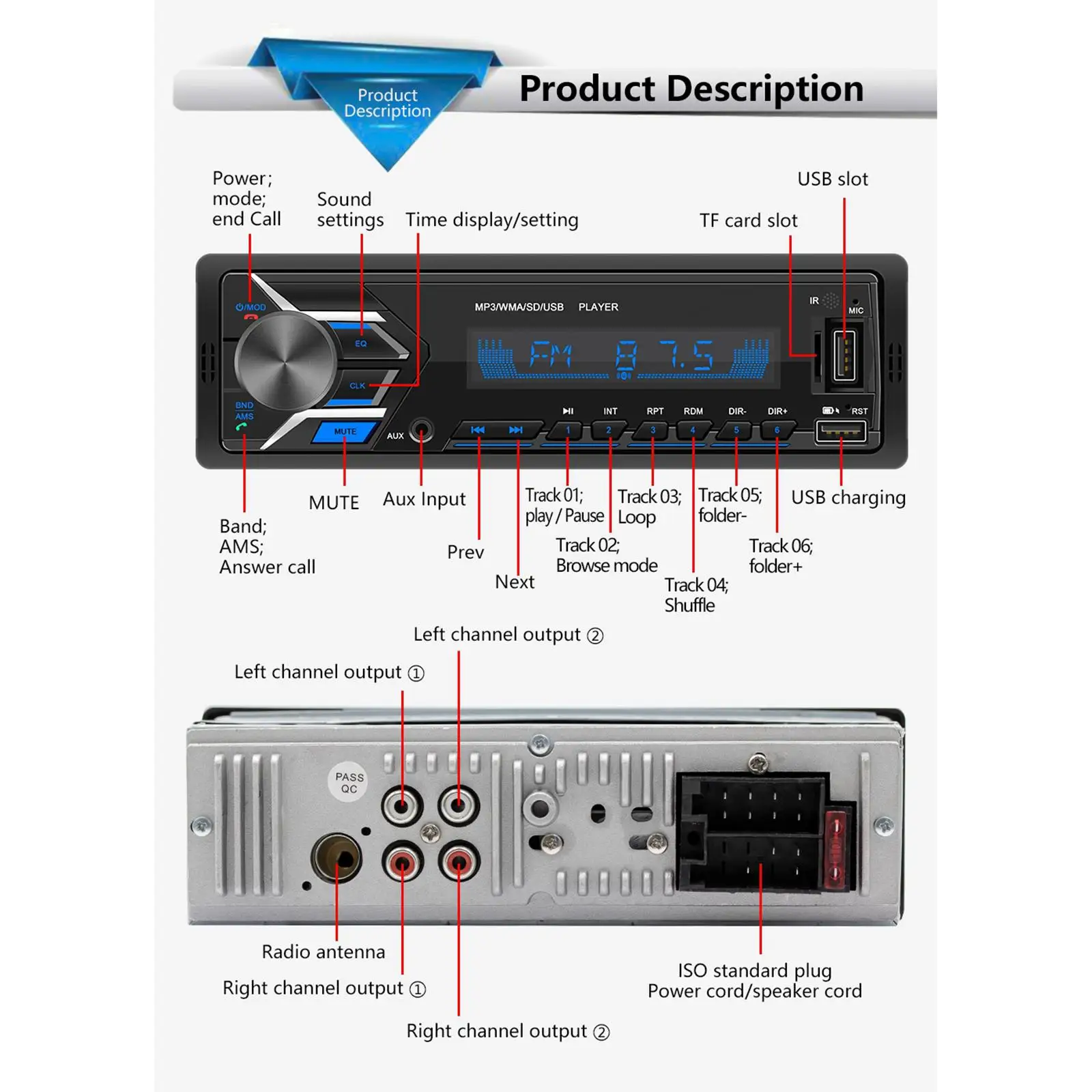 12V Bluetooth Car Stereo Radio Receiver Built-in Microphone USB Color