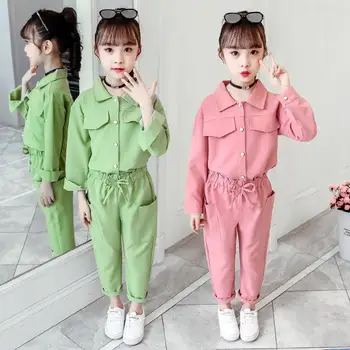 Children's Suits Spring Autumn Wear Girls Long Sleeved Tops + Trousers Kids 2 Suits Big Children Sport Sets Solid Color 12 Years