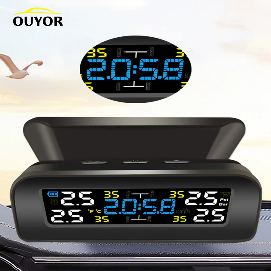 Auto Tyre Pressure Temperature Monitoring Alarm System with 4 Sensors 2 in 1 Car Solar TPMS Clock LCD Display diaodiao Tyre Pressure Monitoring System 