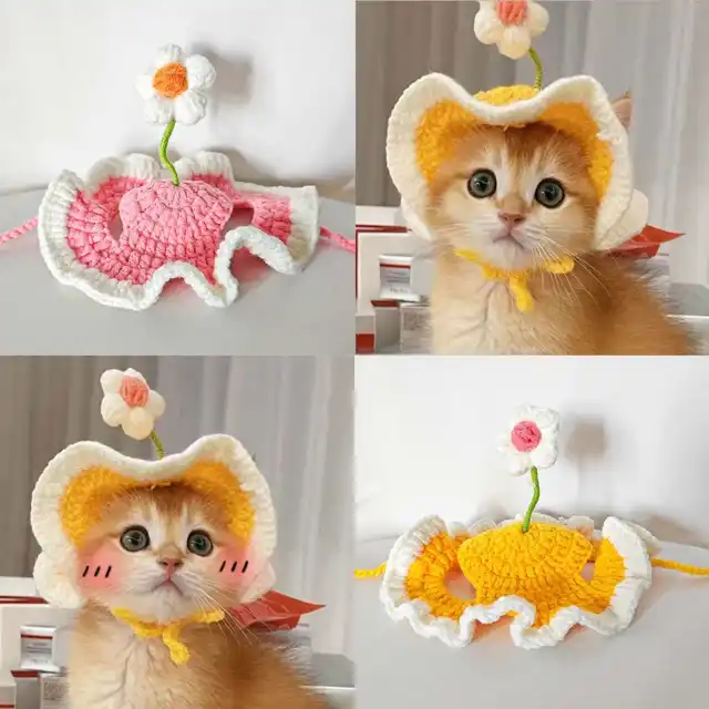 Gorro tejido para gato con diseño de flor: Accesorio Crochet Emoape