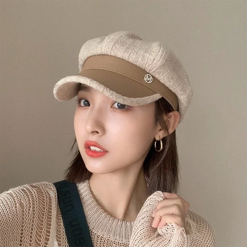Hat Female Beret Autumn And Winter Tide British Retro Letter Striped Octagonal Newsboy Painter