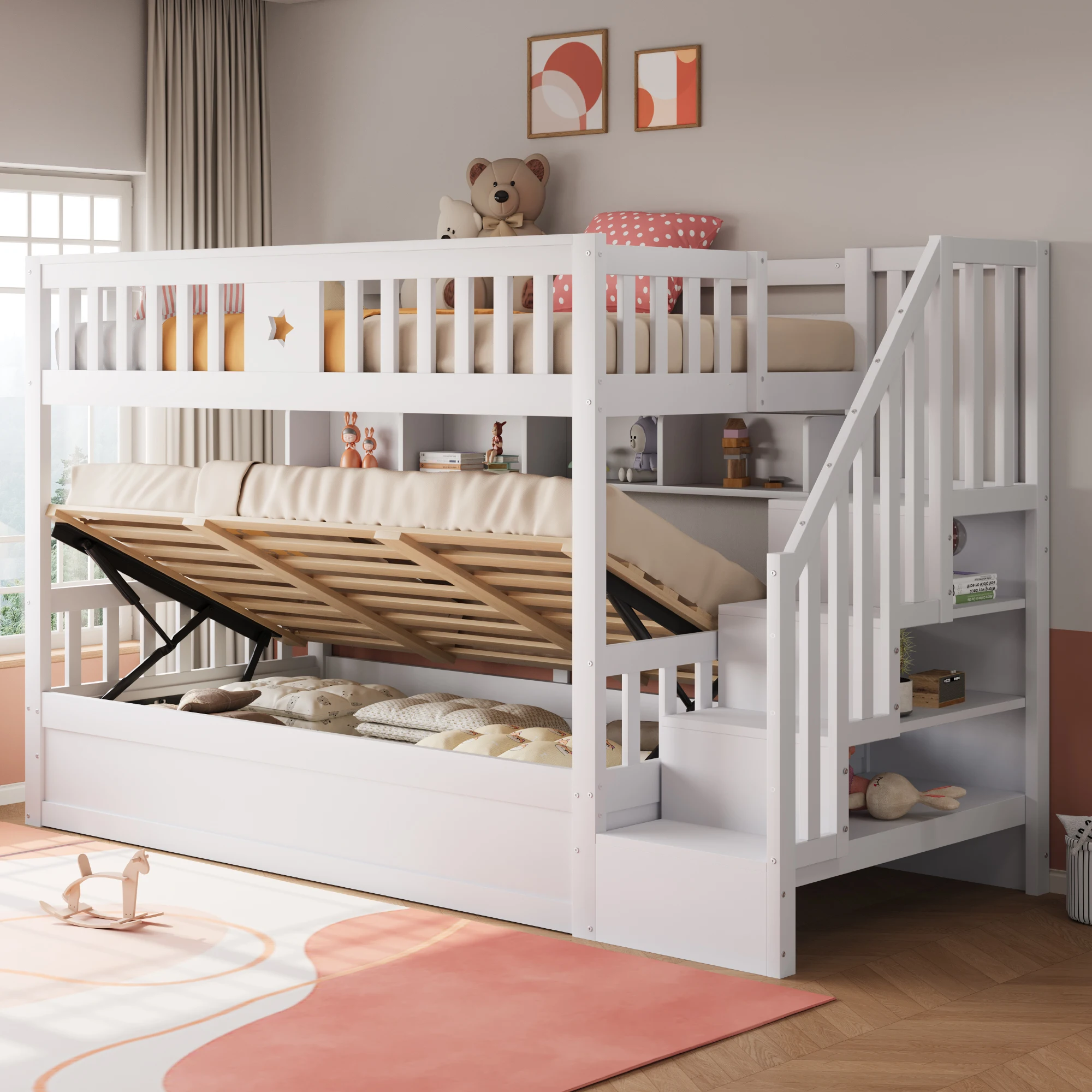 KOMHTOM Holzhochbett Etagenbett Jugendbett 90x200 cm mit hydraulischem Unterbett Stauraumtreppe und Regalen – Detail 5