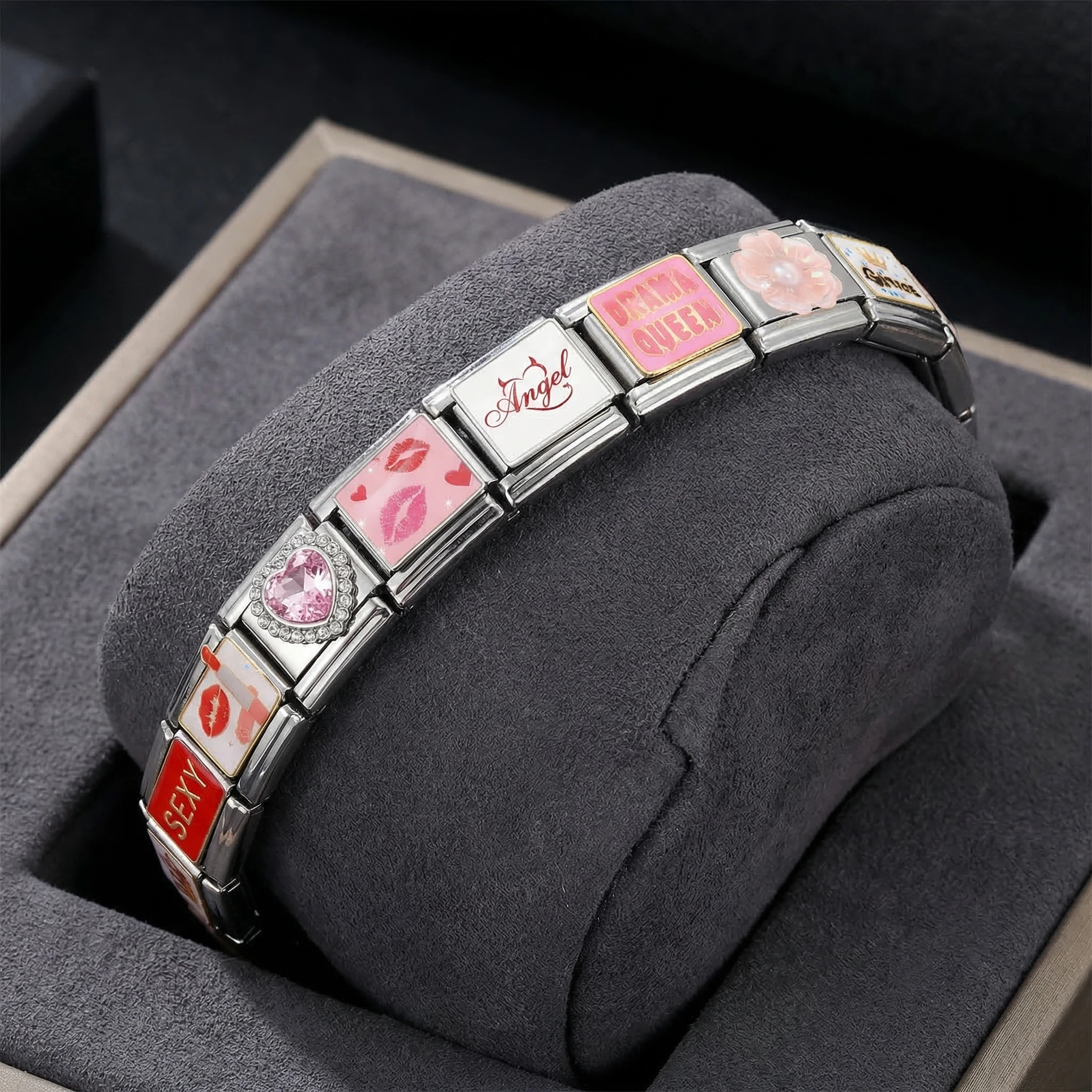 New Personalized ANGEL SEXY 90'S Princess Queen Pink Color Italian Charm 9mm Stainless Steel Making DIY Bracelet Women Jewelry 3