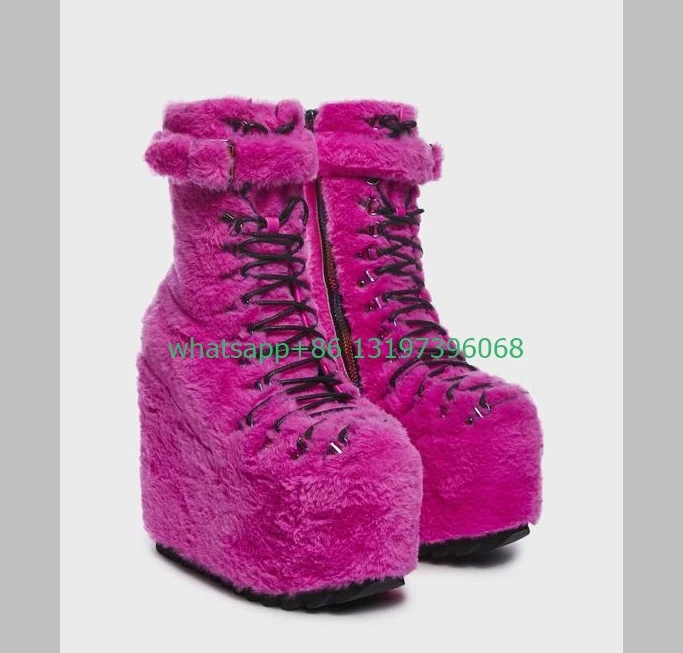 

Lady hot pink fur wedges heel ankle boots fuchsia feather buckle strap boots platform punk Mary Jane boots vintage size 35-46