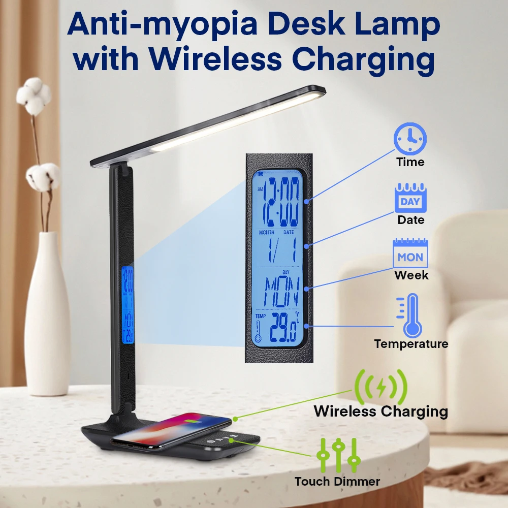 

10W QI Wireless Charging LED Desk Lamp With Calendar Temperature Alarm Clock Eye Protect Study Business Light Table Lamp