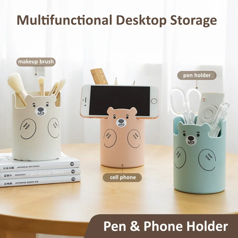Cute Bear Pencil Holder Plastic Makeup Brush Holder Desktop Organizer Storage Box Pen Pot Phone Kawaii Stationery Contain makeup organizer,pen holder,desk organizer,pen and brush holder,brush holder,pencil holder tool