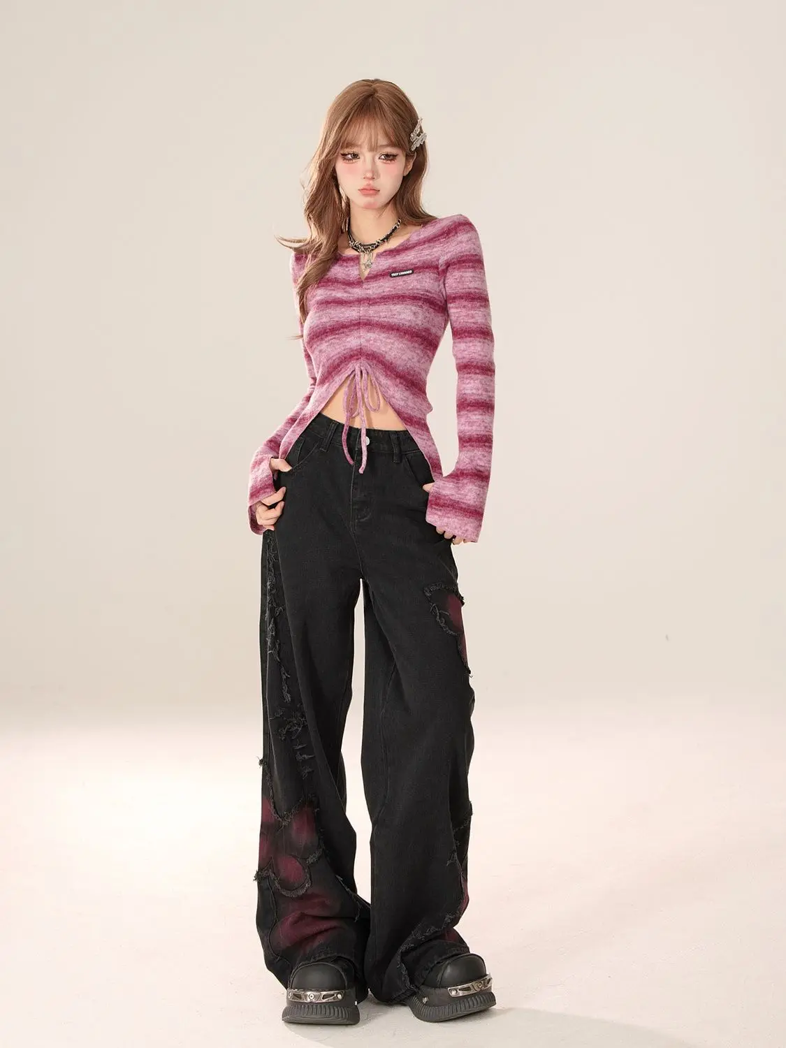 Black sweet and cool jeans for women new style washed distressed raw edge wide leg pants with butterfly pattern design trousers