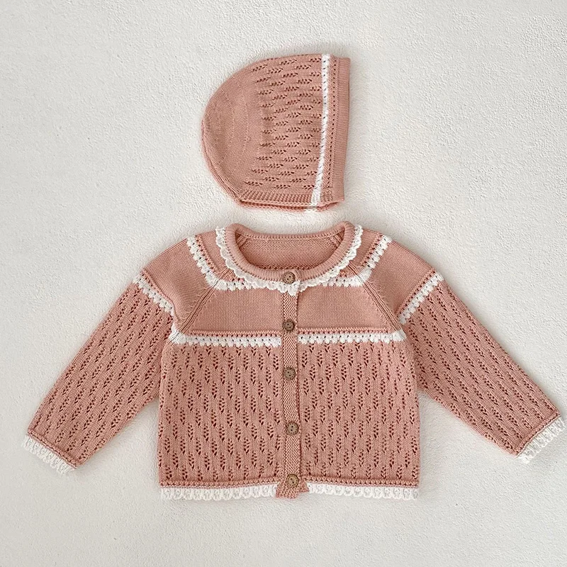 

2024 New Spring Newborn Baby Girls Knitting Cardigan Long Sleeved Hollow Out Cardigan Sweater Coat Baby Girl Knitted Clothing
