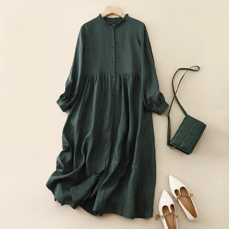 

Cotton and Linen Single-breasted Long-sleeved Auricular Collar dress Women's Spring Autumn New Korean Style Retro Artistic Z577