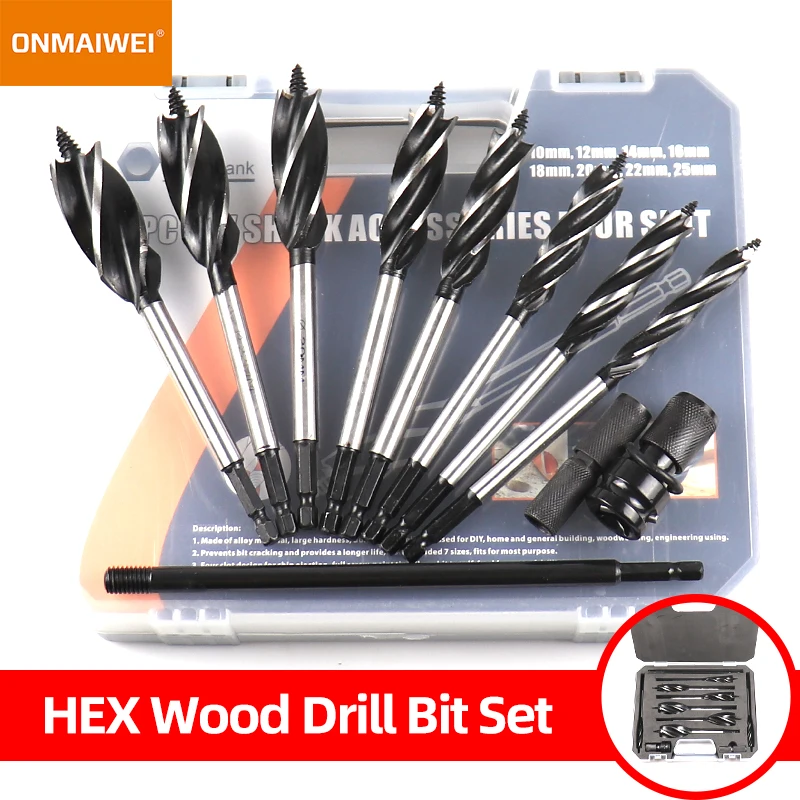 

Wood Twist Bit Auger Drill Bits Set 11PCS 10-25mm Four-slot Blade Drilling Cut for Woodworking with Hex Shank