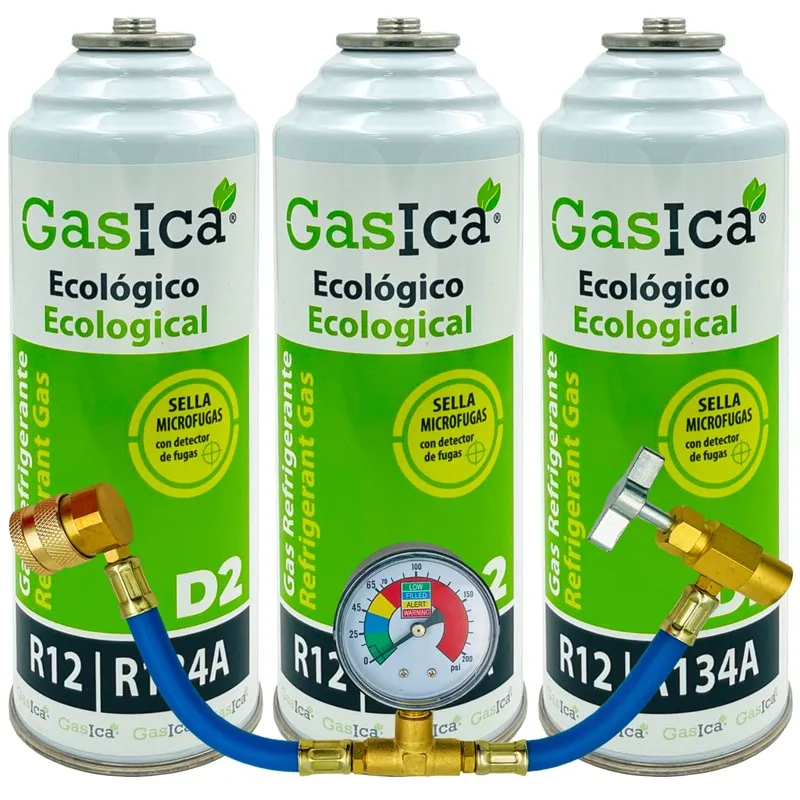 Confezione Da 3 Bottiglie Gas Refrigerante Gasica D2 - R12-R134A + Manometro