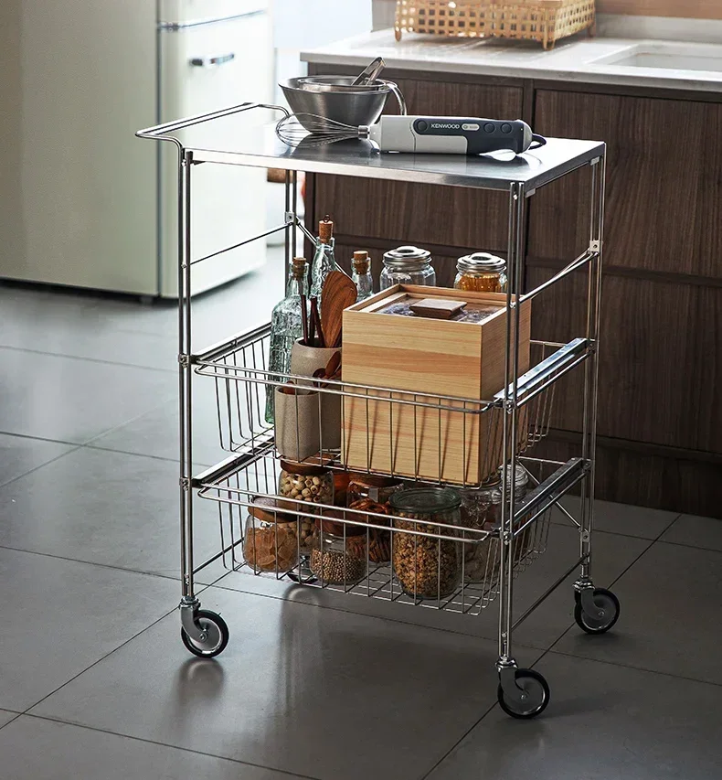 SHIMOYAMA Stainless Steel 201 3- layer Kitchen Trolley Rolling Storage Serving Trolley with Handle Bathroom Shelf