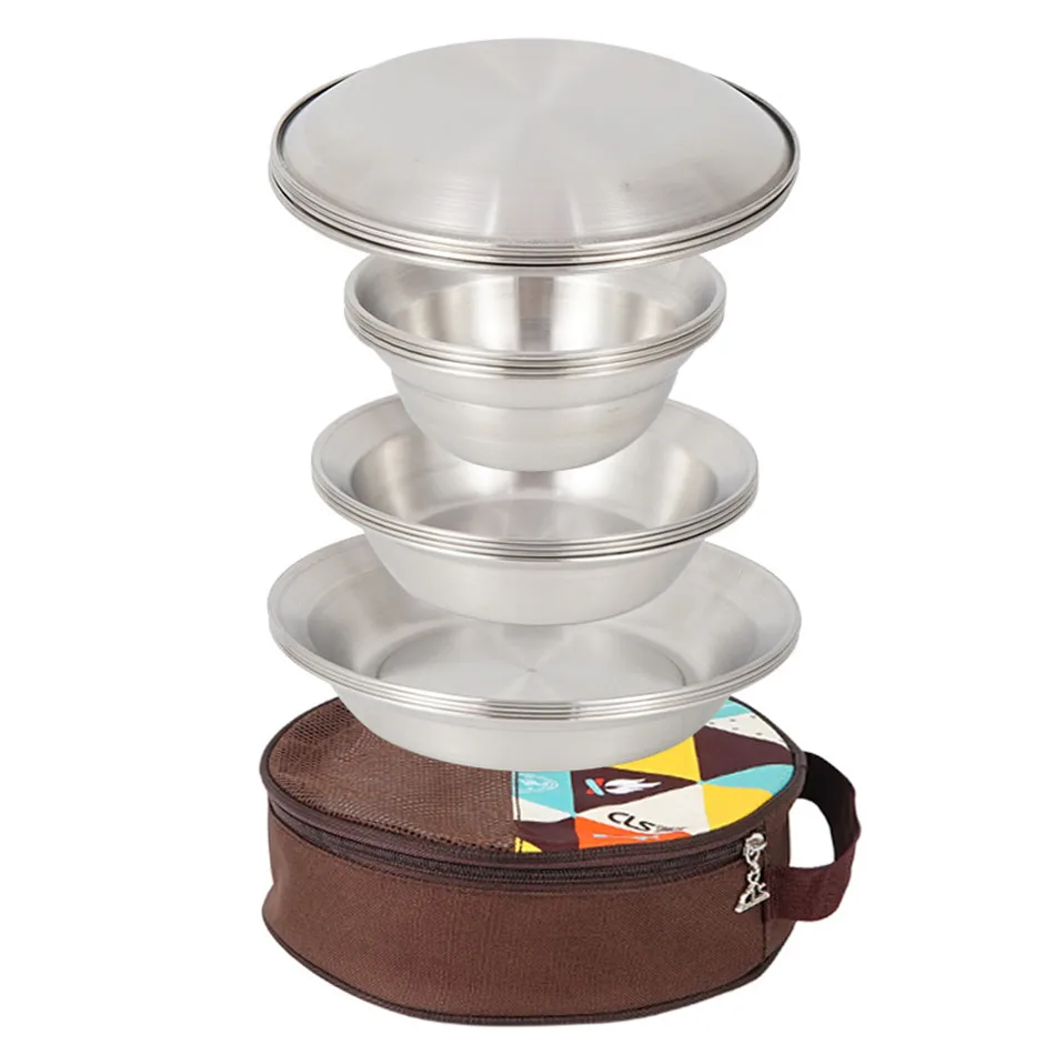 

201 Stainless Steel Brushed Dinner Plate Bowl 16-piece Set Camping Tableware Outdoor Portable Furniture Plate Soup Pots Plates