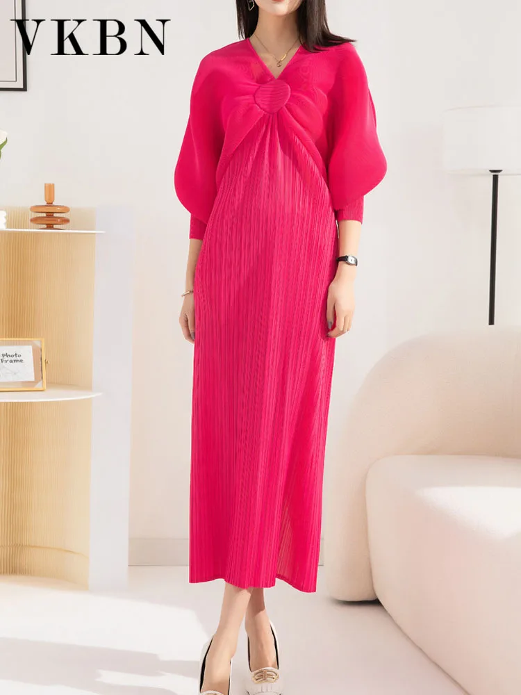 

VKBN Spring Summer Maxi Dresses for Women Casual Lantem Sleeve V-Neck Folds Rose Red Pullover Party Dress Elegant