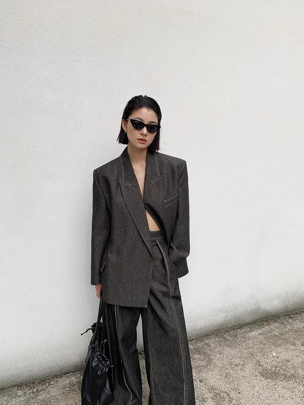 Two Pieces Patchwork Button Chic Suits For Women Lapel Long Sleeve denim Temperament Designer Jackets Coats Female New sets 2