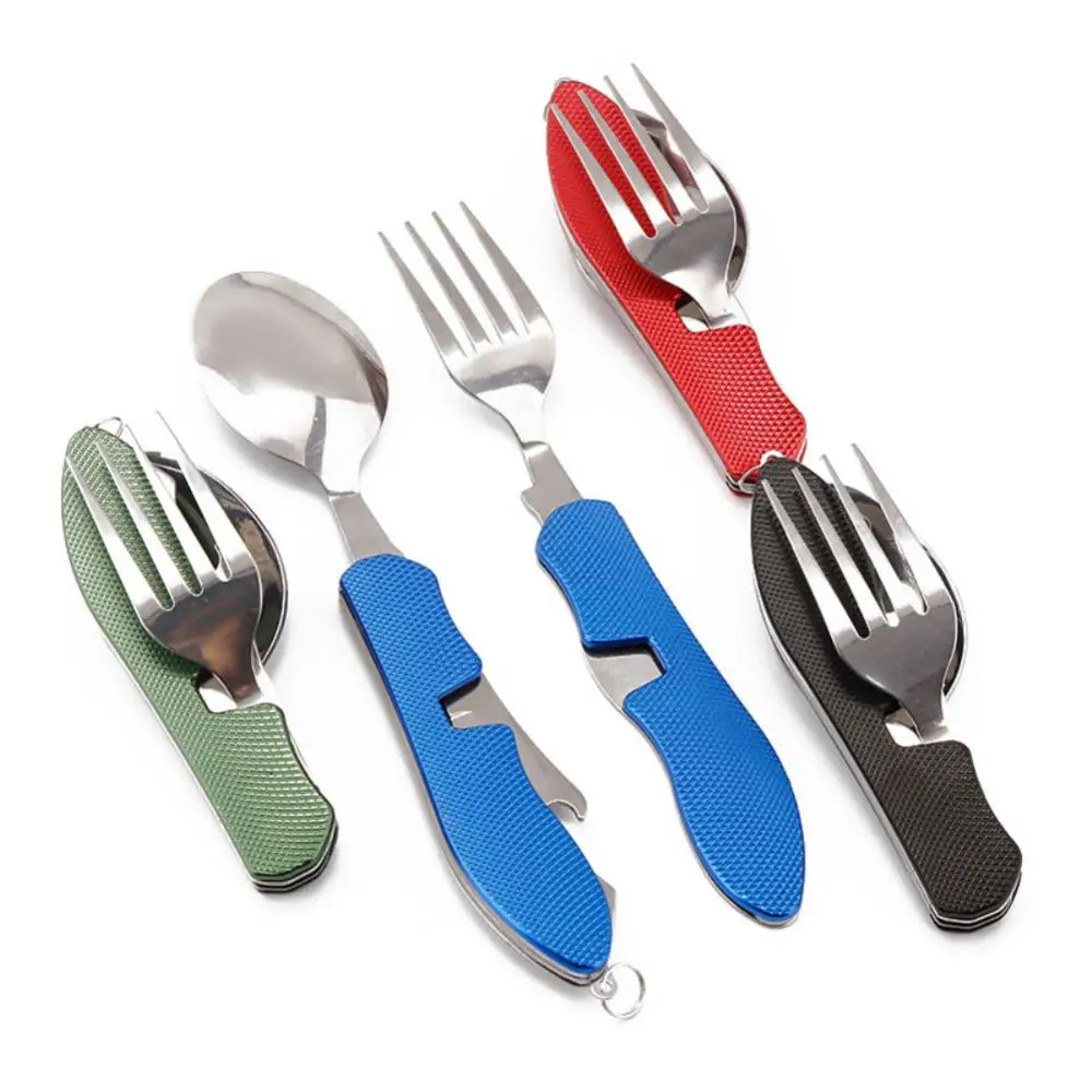 Camping Cutlery Set Stainless Steel 4-In-1 Foldable Tablespoon Set Spoon Knife Fork Bottle Opener Folding Pocket Kits Outdoor Camping Tableware Set