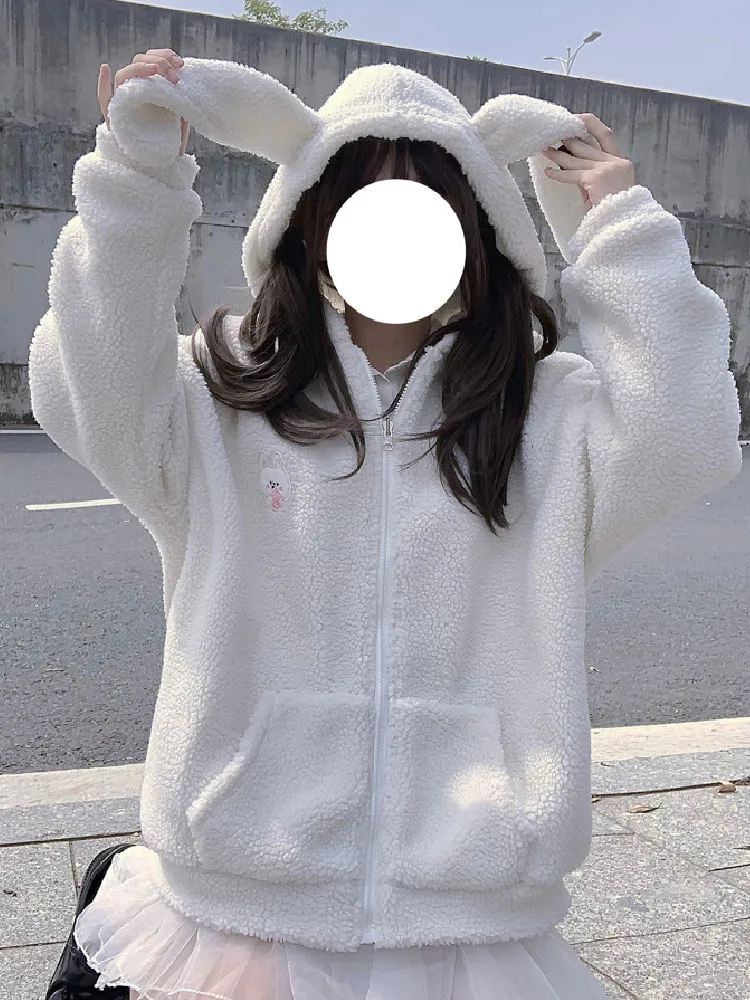 Lolita Sweet Kawaii Preppy Style Women Coat Hooded Rabbit Ear Winter Thicken Plush Outerwear Solid Zipper Women Jacket Female