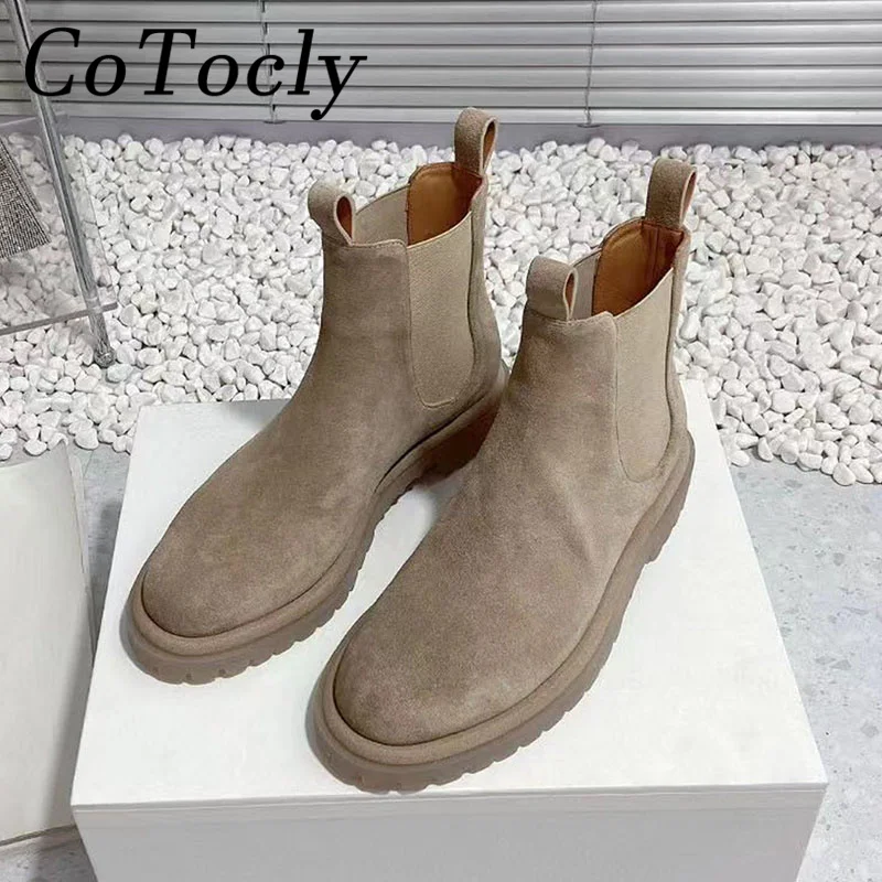 

Luxury Cow Suede Flat Short Boots Woman Round Toe Slip-on Casual Cosy Ankle Boots Thick Sole Motorcycle Boots Women Botas Mujer