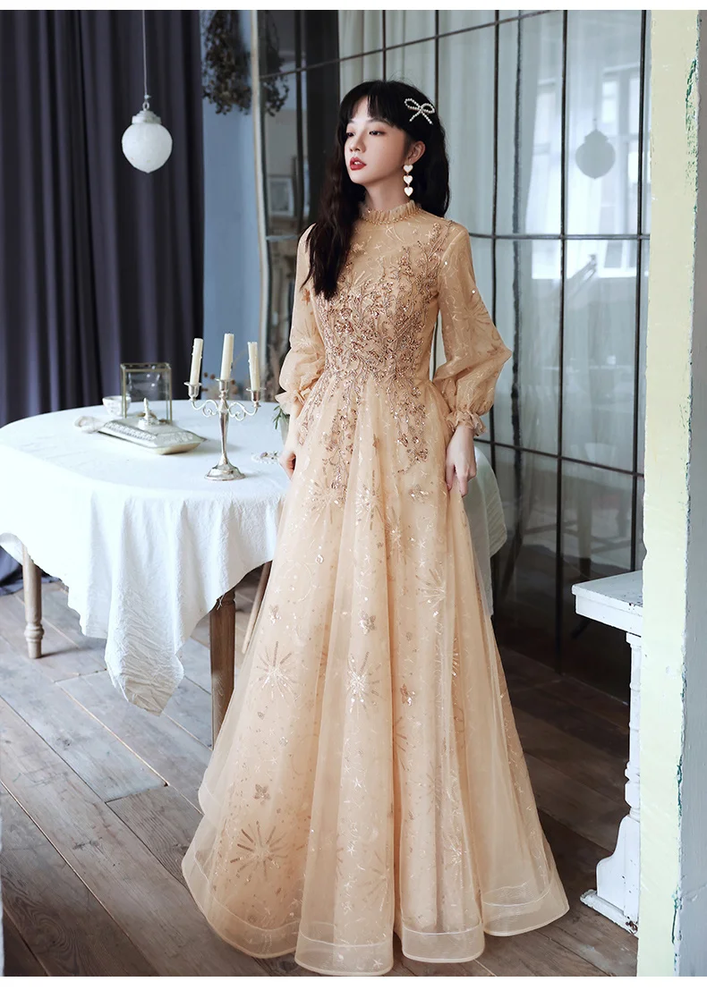 Modest Evening Dresses With Long Sleeves Luxury Appliquies Sequin Tulle Women Dresses Evening 2021 Modest Evening Dresses With Long Sleeves Luxury Appliquies Sequin Tulle Women Dresses Evening 2021